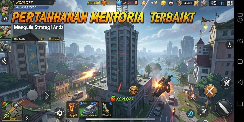 Screenshot gameplay KOPLO77 menampilkan pertahanan menara yang epik.